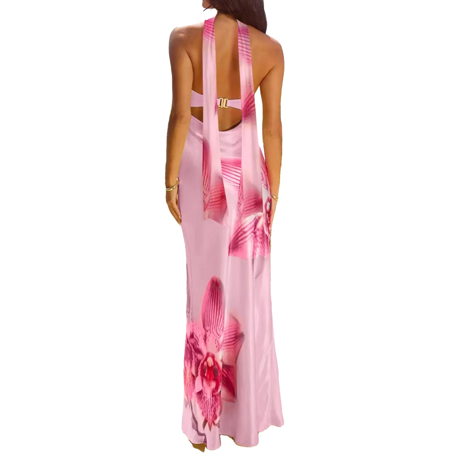فستان Combhasaki للسيدات أنيق من الساتان بدون حمالات بدون ظهر بإبزيم معدني وفتحة جمالية مطبوعة بالزهور فستان صيفي طويل مع وشاح