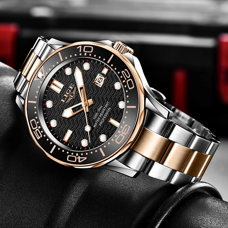LIGE Men's Diver Watch Two Tone Rose Gold Steel Black Dial 30M Waterproof Luminous Quartz Wristwatch Male Clock Montre Homme+BOX
