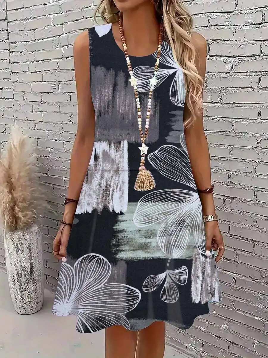 

Sleeveless Floral Abstract Print Dress With Tassel Necklace For Casual Leisure