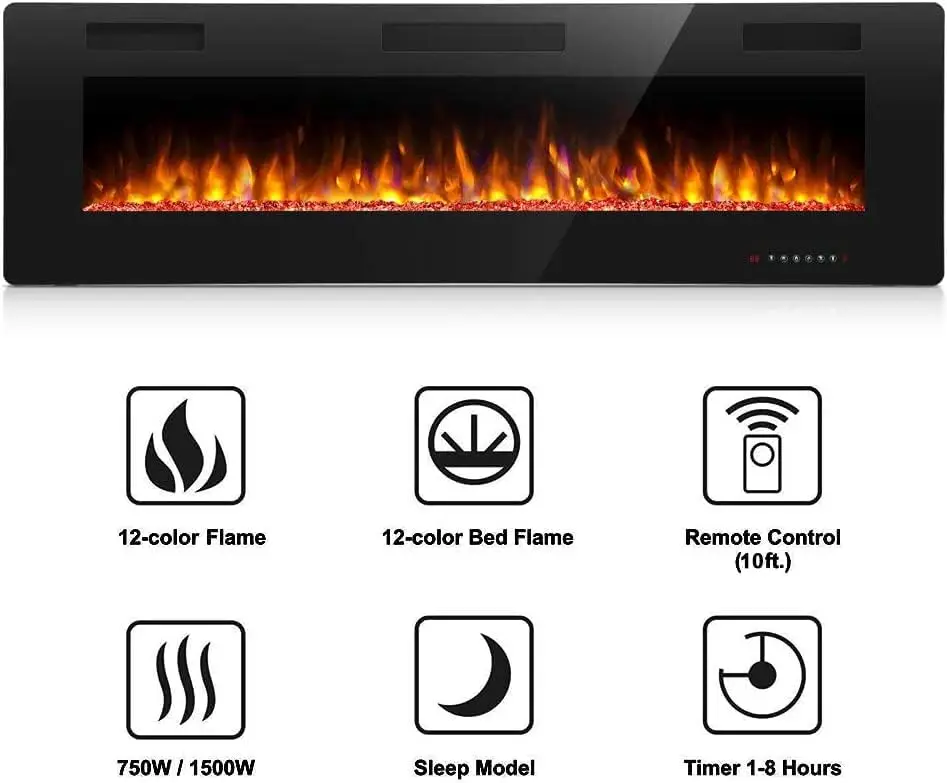 60 Inch Electric Fireplace in-Wall Recessed and Wall Mounted, Multicolor Flame,750/1500W Control by Touch Panel & Remote