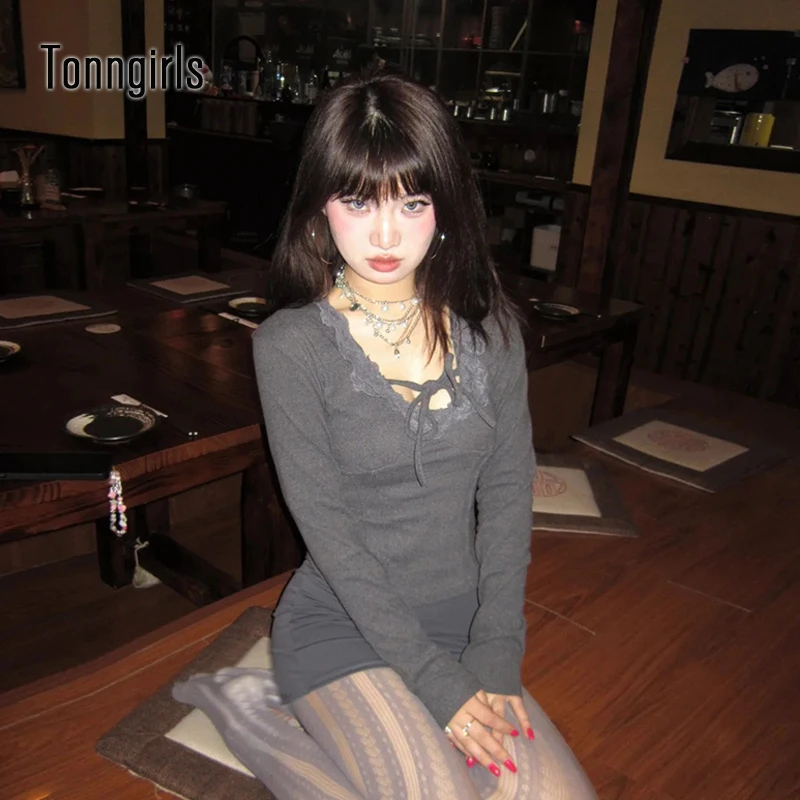 

Tonngirls Sexy T-shirt Women Long Sleeve Slim Patchwork Vintage Tops Streetwear Y2k Japanese Tee Tops Lace Up Tshirts Fairycore