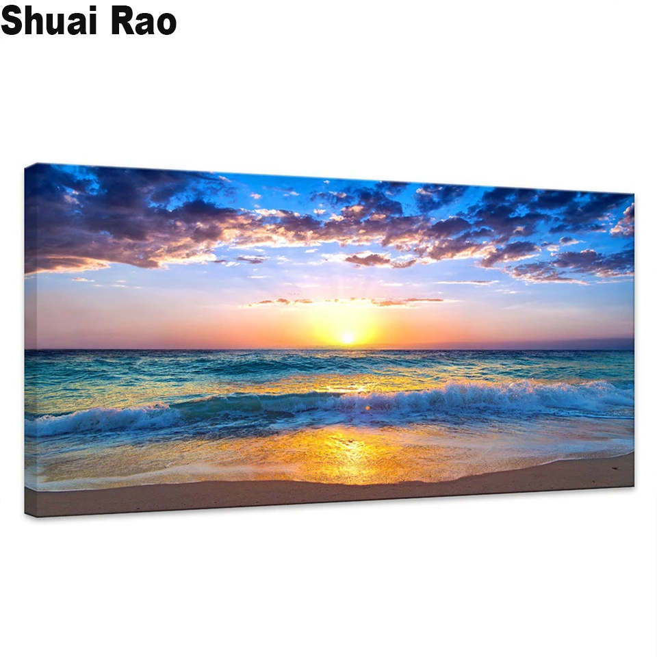 Immagine di mosaico di grandi dimensioni di strass ricamo Blue Ocean Waves Sun Seascape 5D pittura diamante fai da te trapano completo quadrato