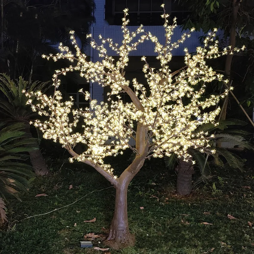 Dekorasi Natal tinggi 2.5m, pohon alami, LED bunga sakura buatan 110/220V tahan hujan penggunaan luar ruangan