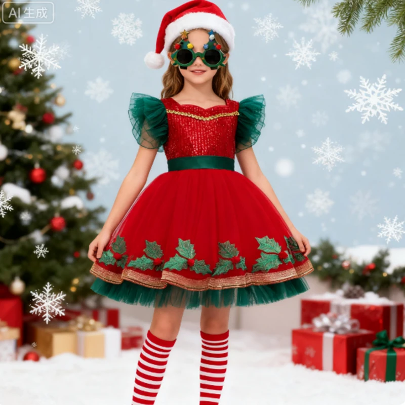 

Christmas Dress For Girls Gift Red Kids Clothing Santa Claus Tulle Princess Dress Knee-Length Dress For Baby Girl New Year Dress