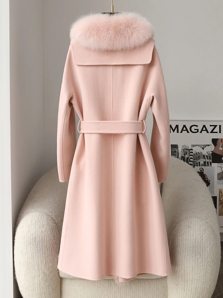 Wool & Blends Women Autumn Winter Solid Wool Cashmere Fox Fur Collar Open Stitch Sashes Long Coat Elegant Basics Female Clothes