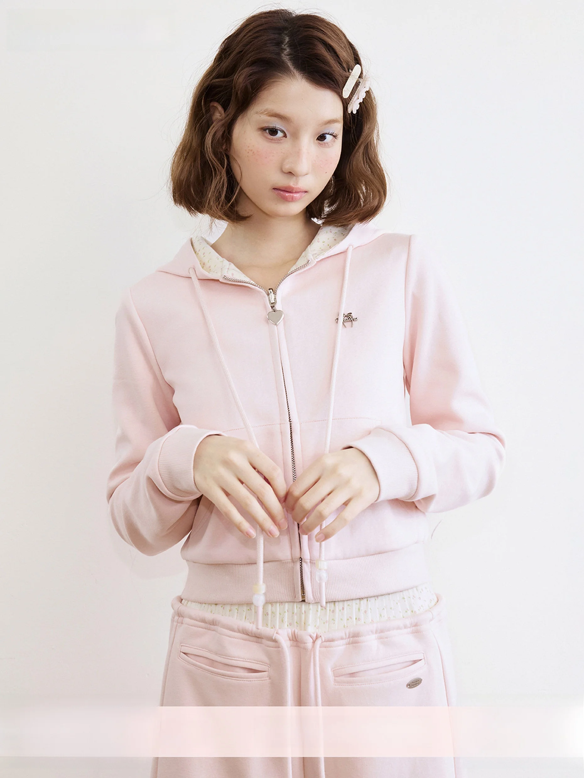 

Umoumo Sweet Floral Hooded Zipper Decorated Cardigan Sweatirt Versatile Double-Sided Wear Cotton ort Jaet for Women