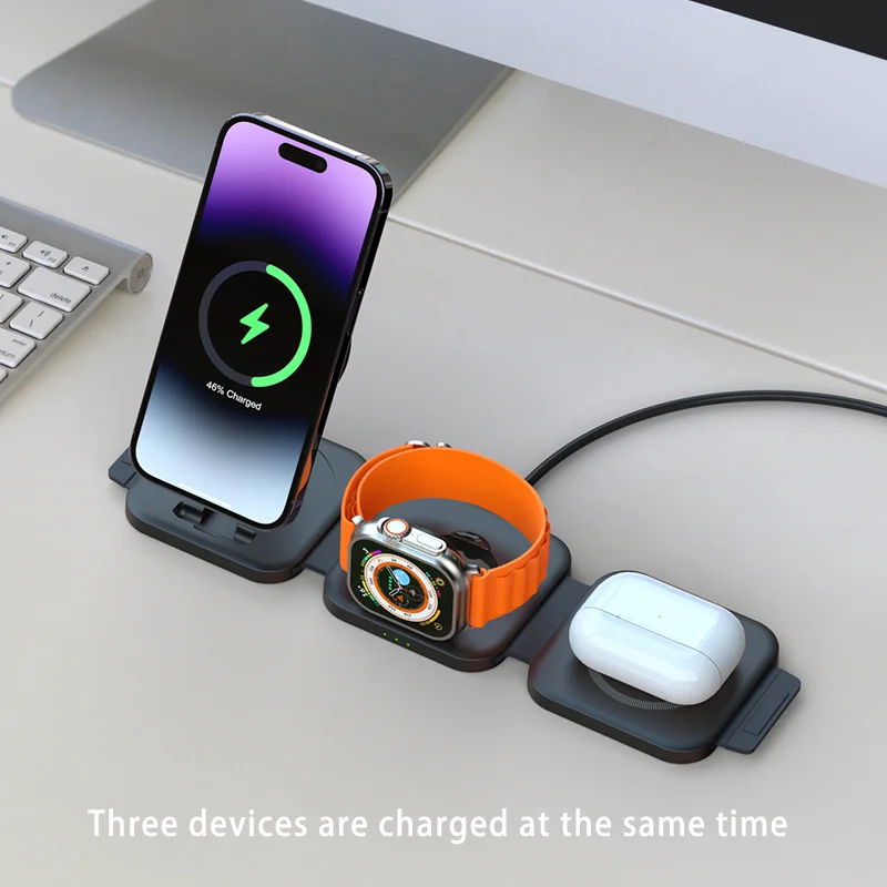 3-in-1 Magnetic Wireless Charger for iPhone 15 14 13 12 Foldable Charging Stand for Apple Watch 9 8 7 6 5 4 For Airpods