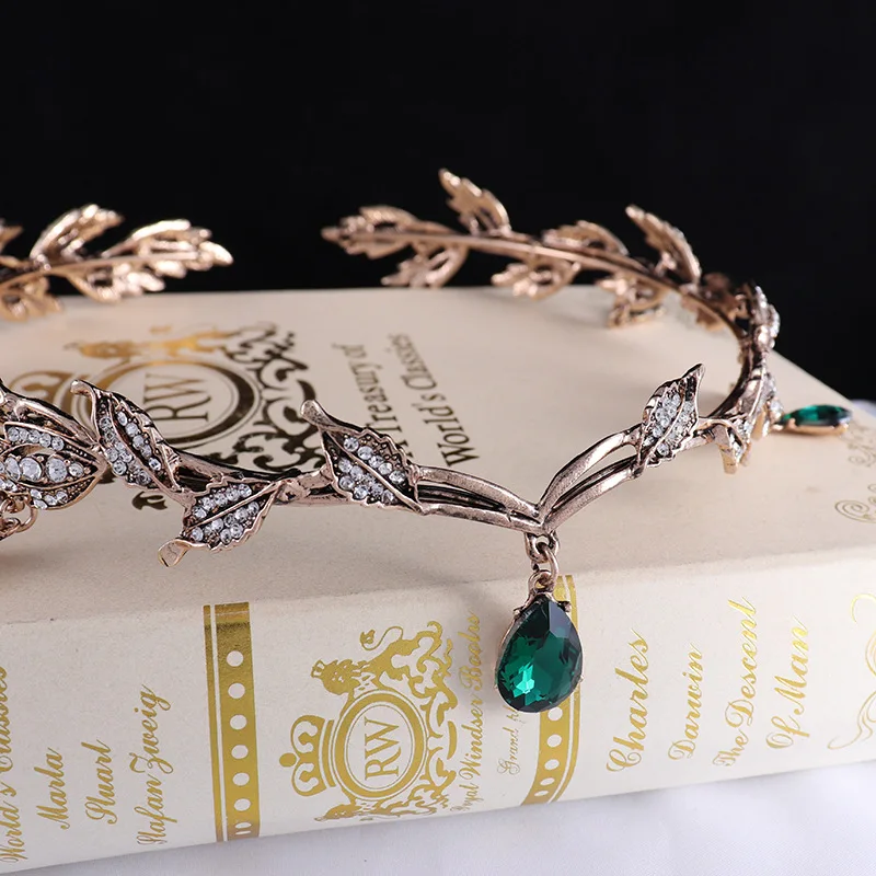 KMVEXO Vintage Black Emerald Green Fairy Crown Tiara Crystal Leaf Elf Tiara Bandana Hair Accessories for Women Costume Wedding