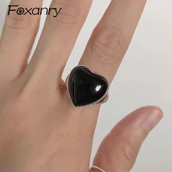 Foxanry Black Drop Glaze Love Heart Geometric Rings For Women Couples New Fashion Simple Classic Hip Hop Party Jewelry Gifts