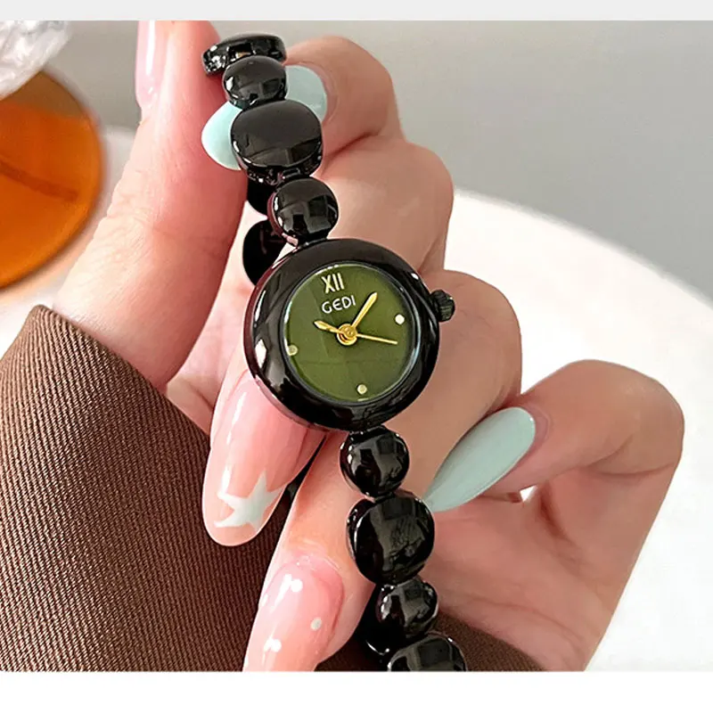 Round Bead Chain Design Fashionable Green Red Dial Japanese Style Women's Watch Waterproof Steel Strip Temperament Quartz Watch