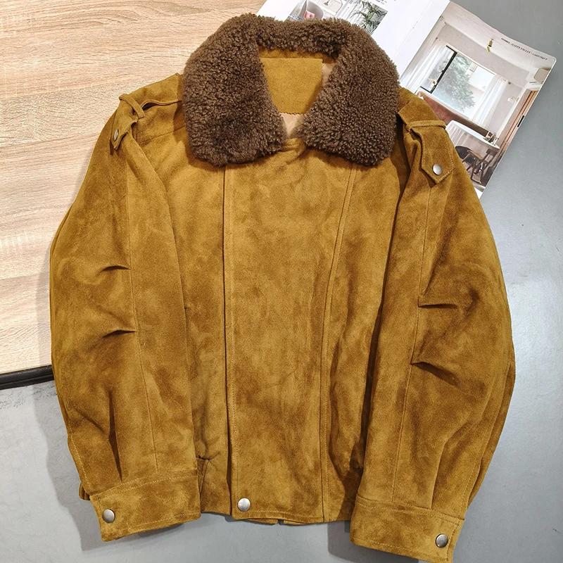 ملابس الشتاء امرأة القهوة/الكراميل الرجعية التلبيب سستة الصوف طوق فضفاض موضة جلد الغنم سترة من جلد الغزال أوزة أسفل معطف الإناث #5