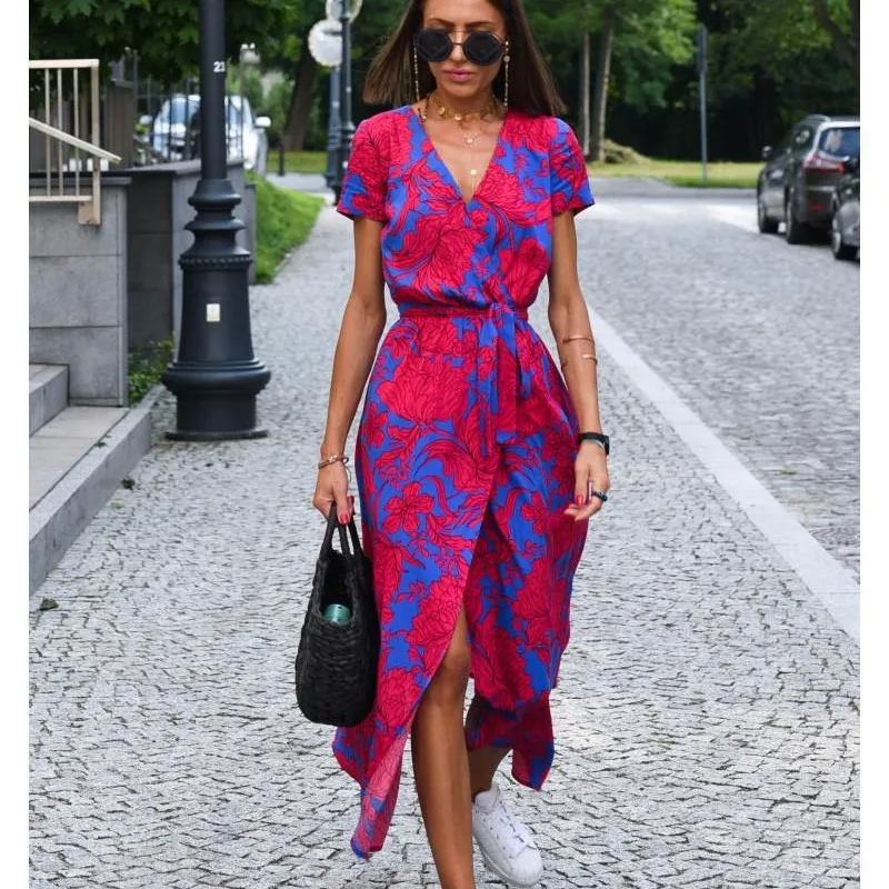 Women V Neck Split Lace-up Dress Floral Print Long Dresses Summer Sexy Female Casual Elegant Short Sleeve Beach Dress Vestidos