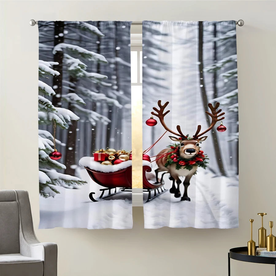 2PCS Christmas Winter Curtains, Reindeer Sleigh, Digital Print, Bedroom Living Room Kitchen, Rod Pocket Polyester, Home Decor