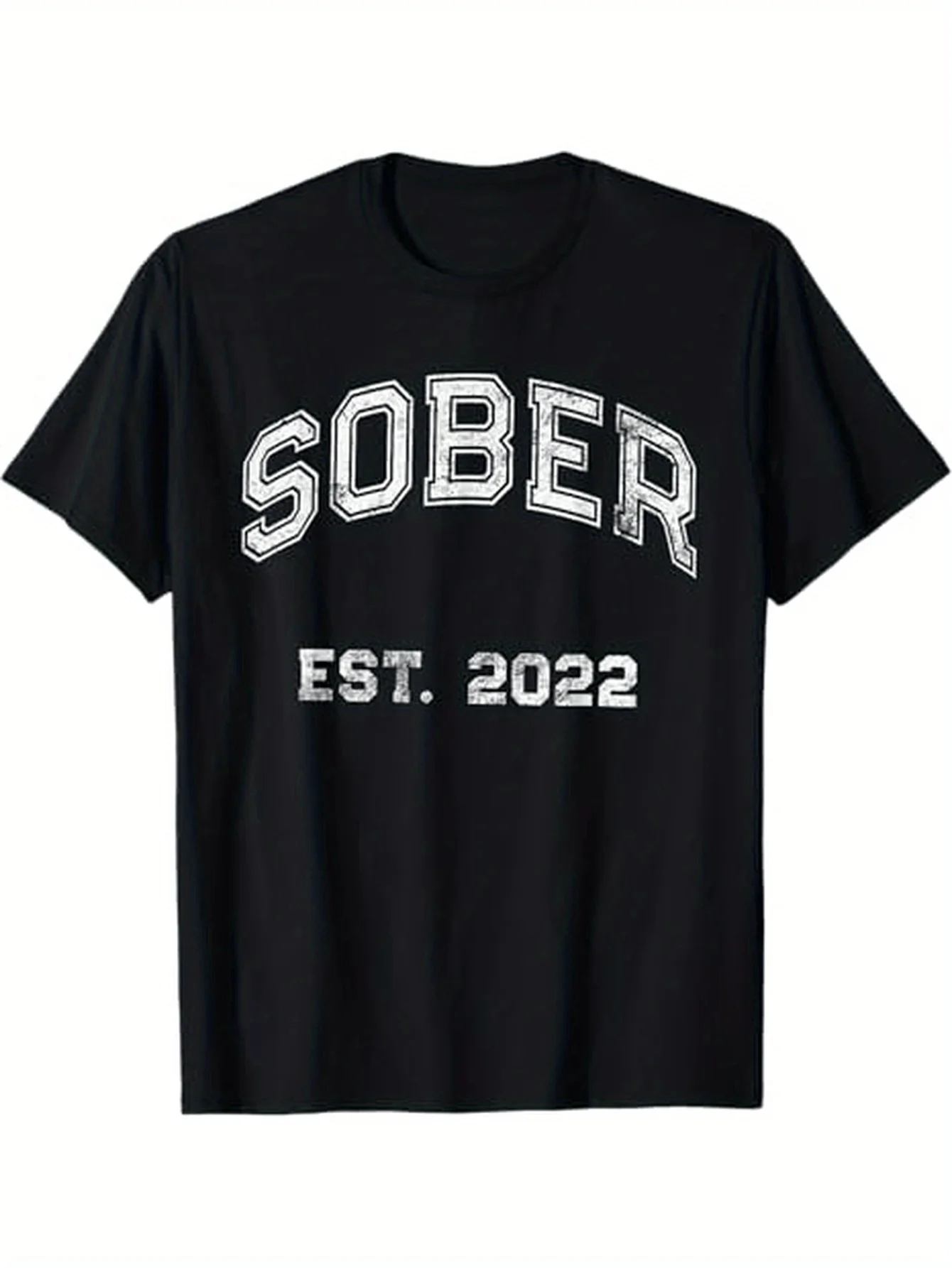 Vintage Men's Black Graphic T-Shirt Sober Est 2022 Varsity Letter Print Distressed College Typography Statement Design 100% Cotton Heavyweight Short Sleeve Casual Streetwear Tee