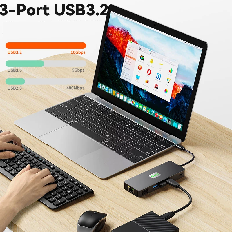 Imagem -05 - Tebe 11 em Mst Usb-c Hub Tipo-c para Hdmi-adaptador dp Vga Gigabit Ethernet 10gbps Usb 3.2 3.5 mm Aux Docking Station Hub Divisor