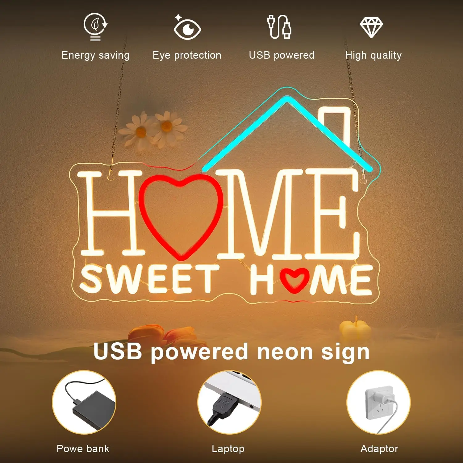 Sweet Home LED Neon Sign Welcome Wall Decor For Bedroom Living Room Office Coffee Shop Gift For New Couples & Apartment Renters
