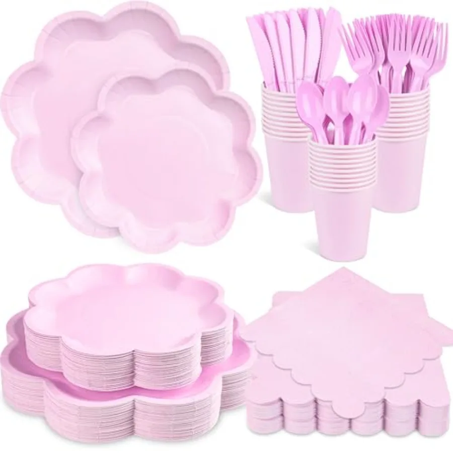 

350 Pcs Lavender Paper Plates and Napkins Set, Tableware Set for 50 Guests Include Disposable Scalloped Plates, Napkins, Cups,