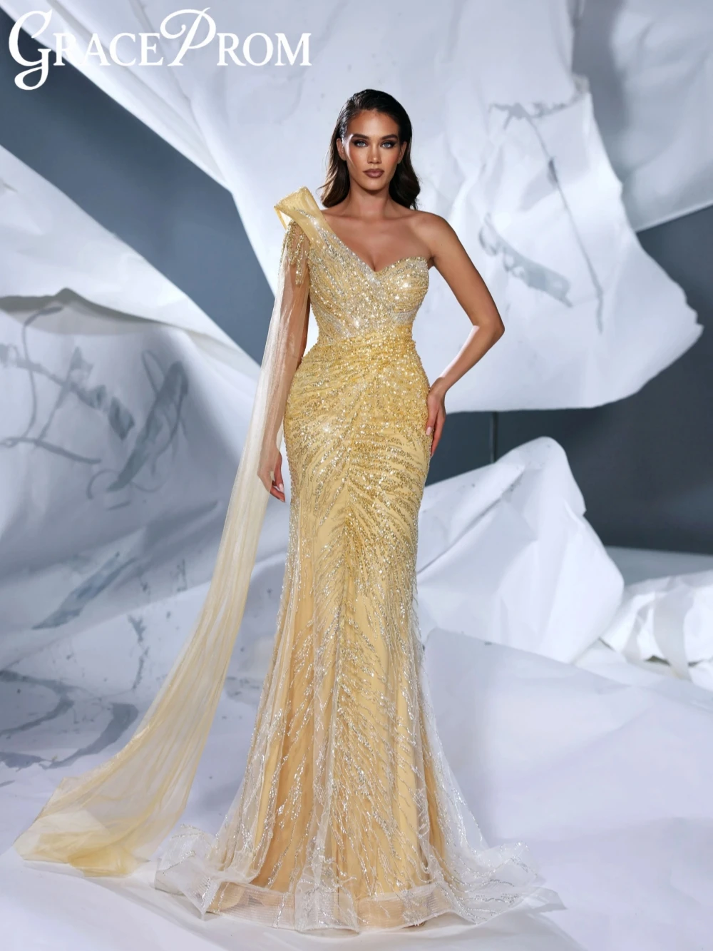 

Yellow Sparkling Beaded Mermaid Long Evening Dress Stylish One Shoulder Wedding Party Gown Customized Luxury Prom Dresses