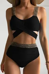 Maillot de bain noir solide, taille haute, croisé, pour femmes, vêtements de plage, d'été, baigneuses, 2023