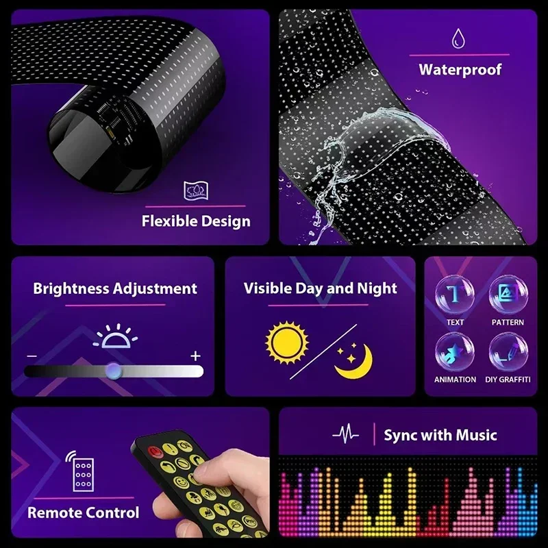 Wielofunkcyjne, jasne światło LED z Bluetooth i sterowaniem przez aplikację, imitujące diabelskie oczy, do szyby samochodowej, elastyczny, programowalny wyświetlacz LED z funkcją przewijania.