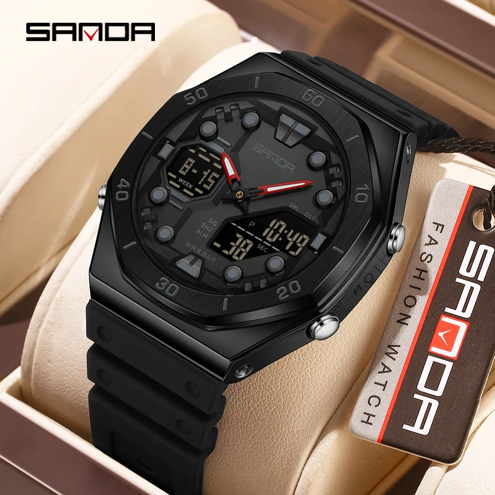 

SANDA 6306 модные мужские электронные часы с двойным дисплеем, многофункциональный ночник, будильник, водонепроницаемые крутые часы унисекс