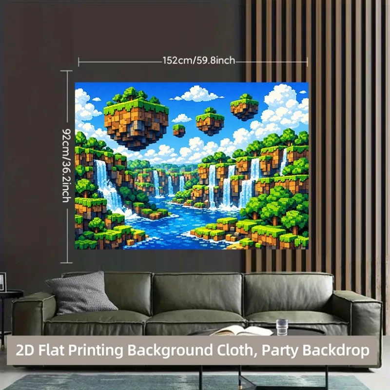 2D Flat, 1pc Pixel Waterfall & Floating Islands Backdrop Banner - Retro Video Game Suitable for Indoor/Outdoor Parties,