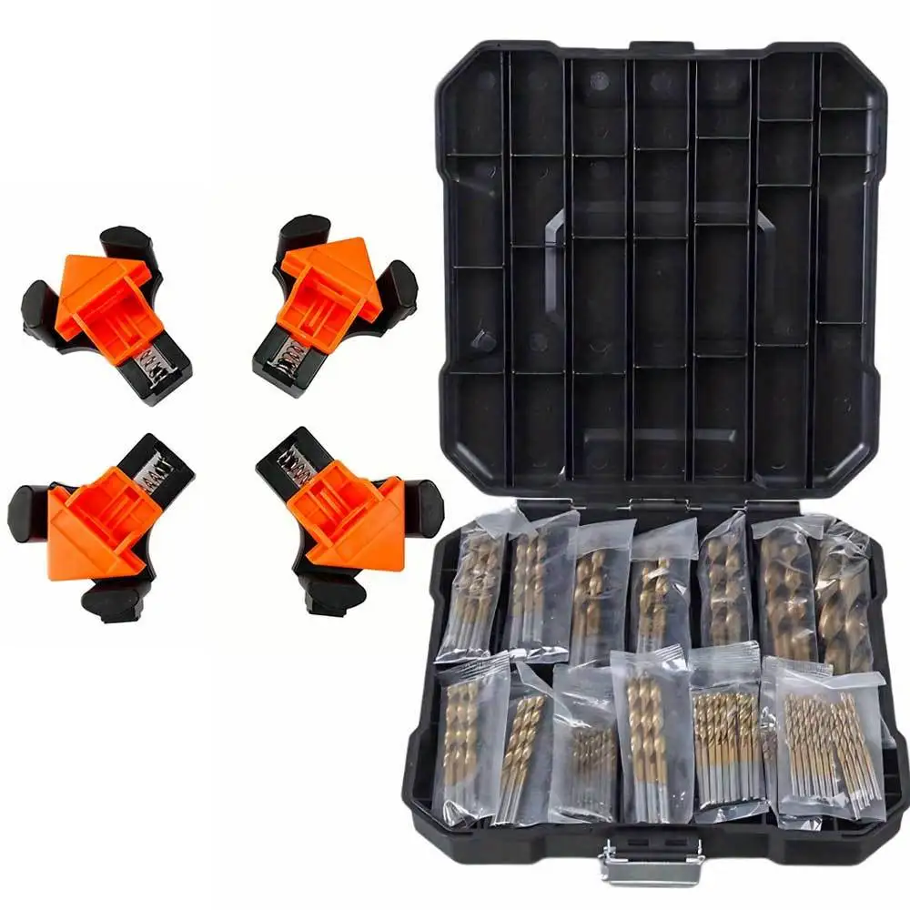 

Woodworking Right Angle Clamp for Precise Alignment & Assembly; Plus 99pcs HSS Titanium Drill Bit Set, 1.5-10mm Straight Shank for Wood, Metal & Plastic. Durable Precision Tool Kit for Home Renovation, Auto Repair & DIY Projects.