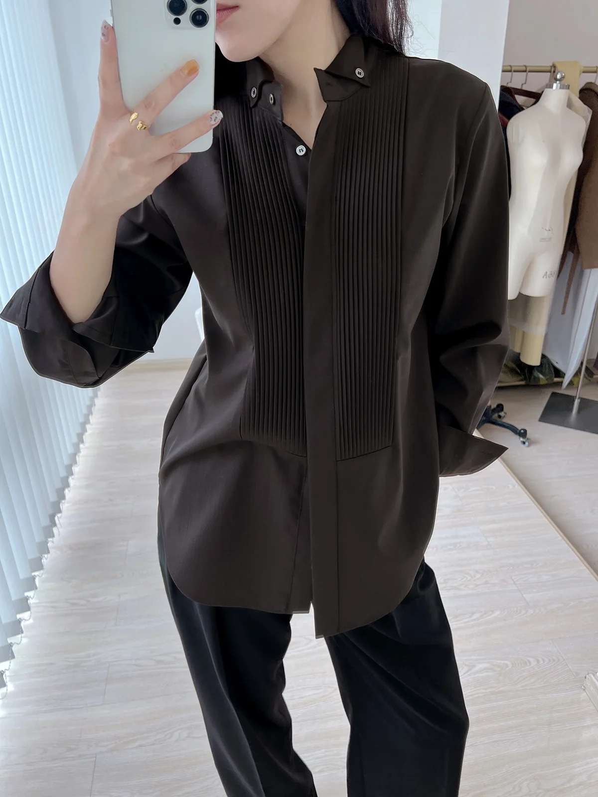 

Classic Simple Long Sve irt Pure Color Midi Accordion Pleat Women's irt Straight Cut Wool Blend Anti-Wrinkle Long irt