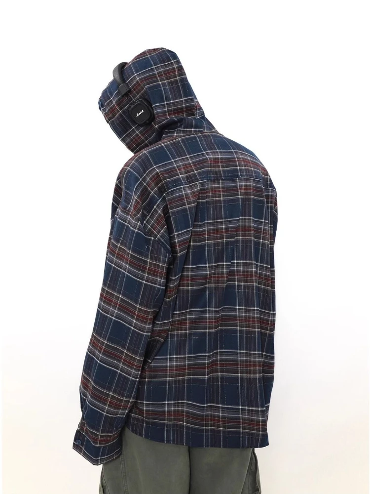 HOUZHOU Vintage American Style Plaid Shirts Hooded Women Man Oversized Checked Long Sleeve Top Harajuku Retro Jackets Streetwear