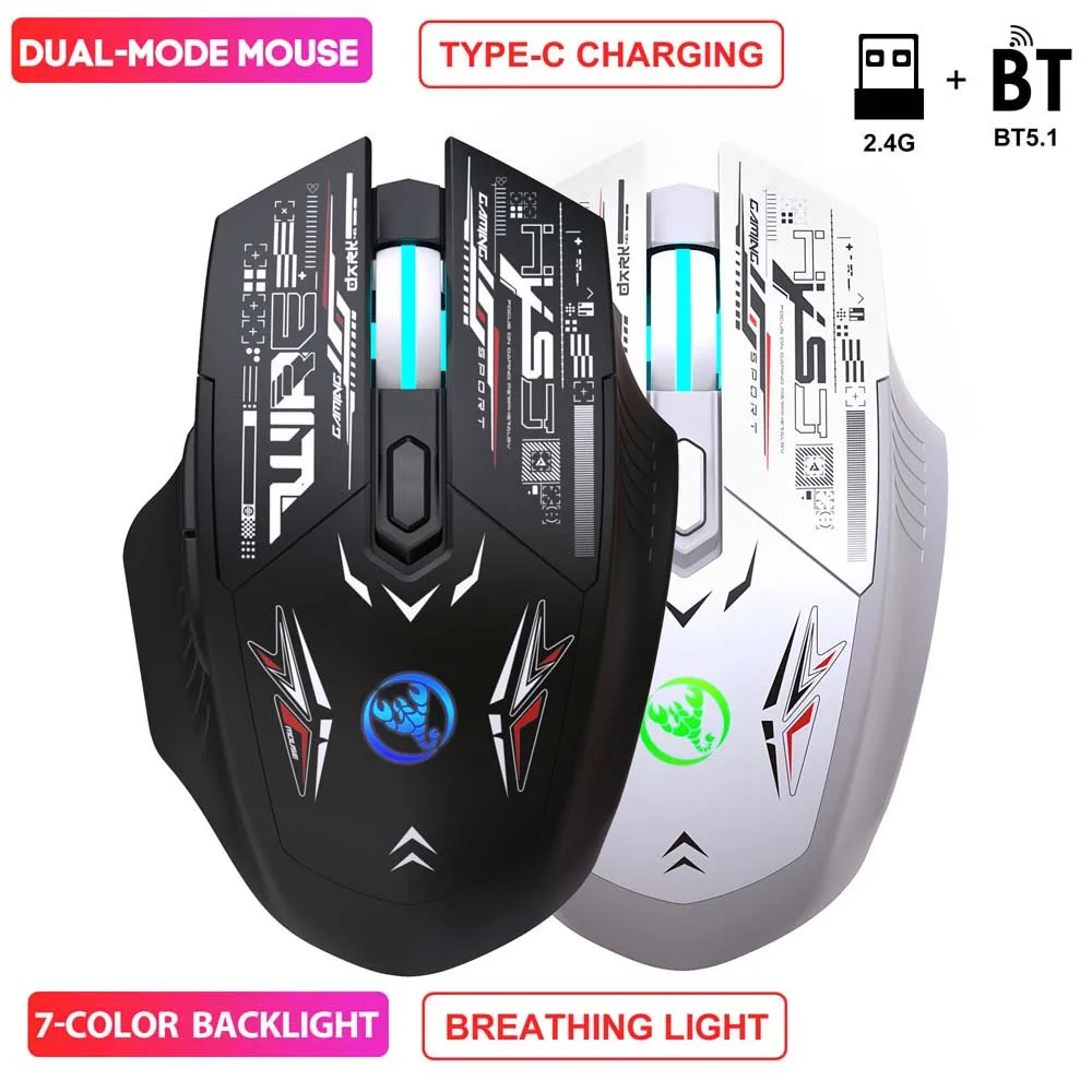 

Wireless with Bluetooth Mouse RGB Colorful Light Dual Mode 2.4GHZ+BT5.1 Type C Rechargeable Noiseless Ergonomic PC Gaming Mice