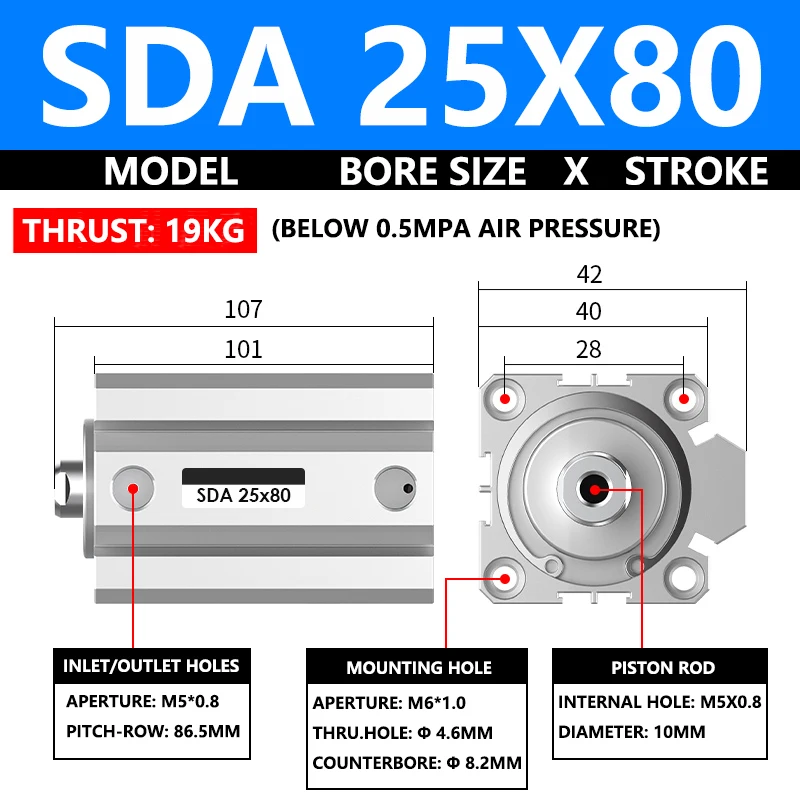 

ABILKEEN SDA25X80 Серия SDA Тонкий воздушный цилиндр 25 мм с внутренней резьбой Диаметр X 80 мм Ход Пневматический компактный цилиндр двойного действия