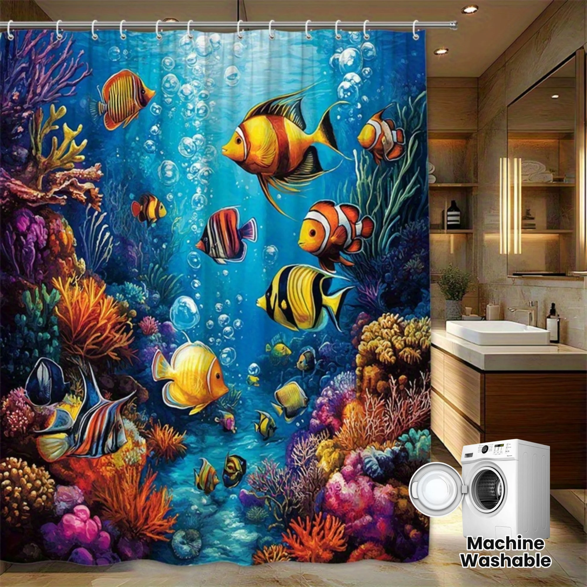 Underwater Marine Life Shower Curtain Tropical Fish Coral Reef Polyester Washable with 12 Hooks for Bathroom Decor