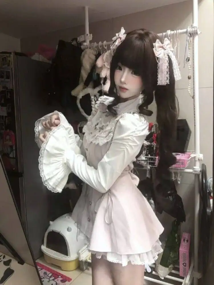 

Japanese Sweet Women Fake Two Piece Set Dresss Slim Fit Office Lady Outifts Aesthetics Button Lace Bow Kawaii New Suits Female