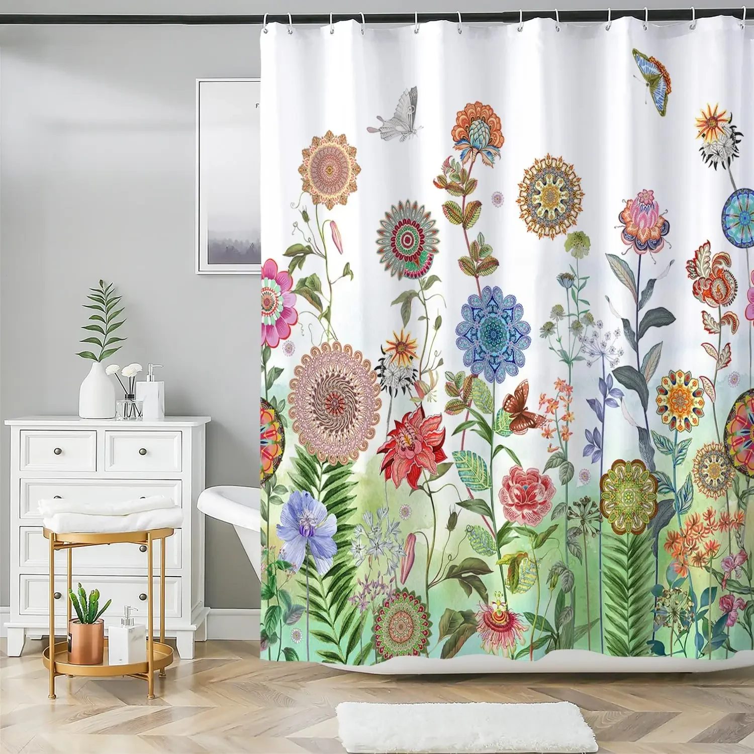 

Colorful floral and butterfly pattern bathroom decorative shower curtain,waterproof and washable fabric shower curtain with hook