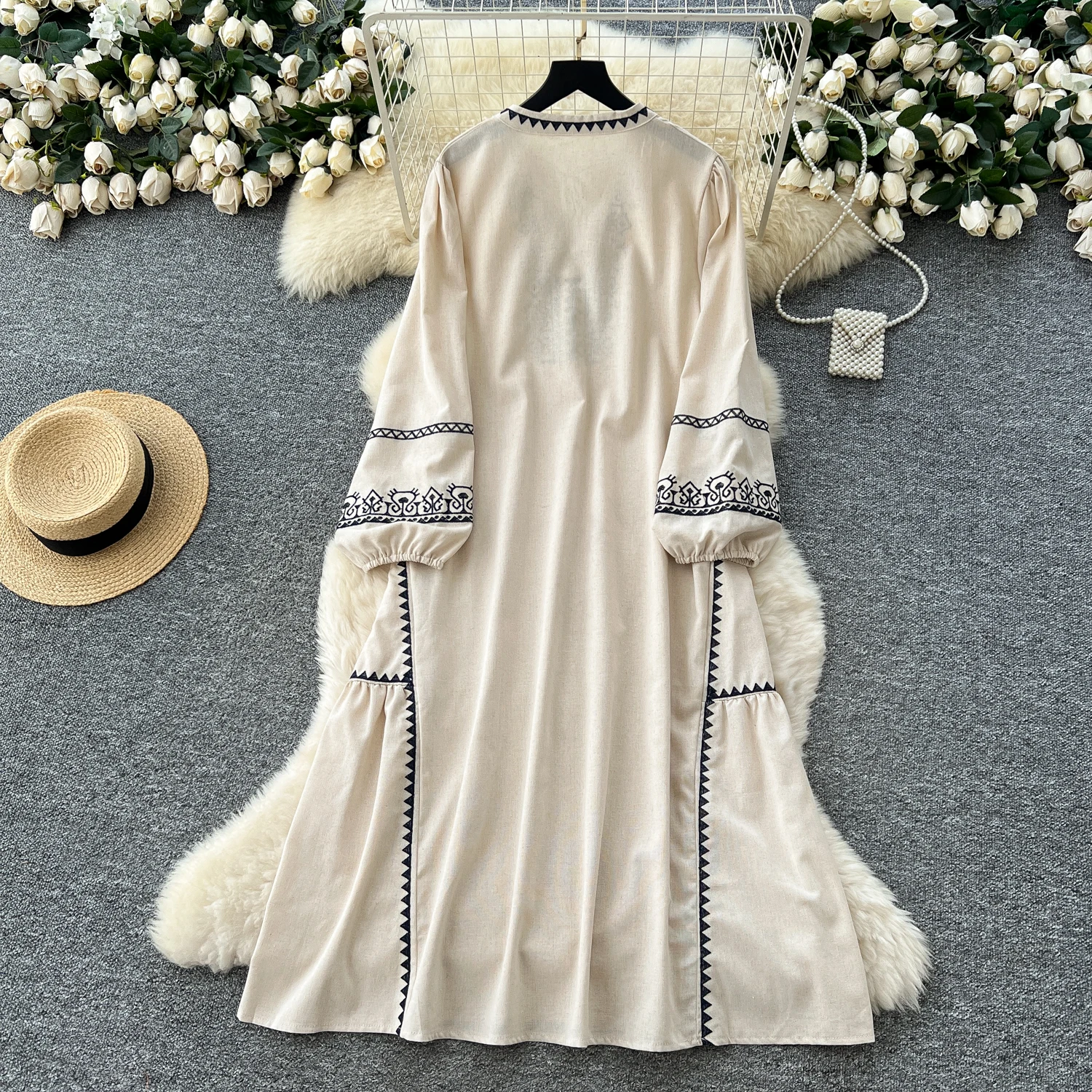 Chic vintage ricamato sciolto sottile elegante fata moda coreana Boho vestito estivo abbigliamento donna Abito lungo