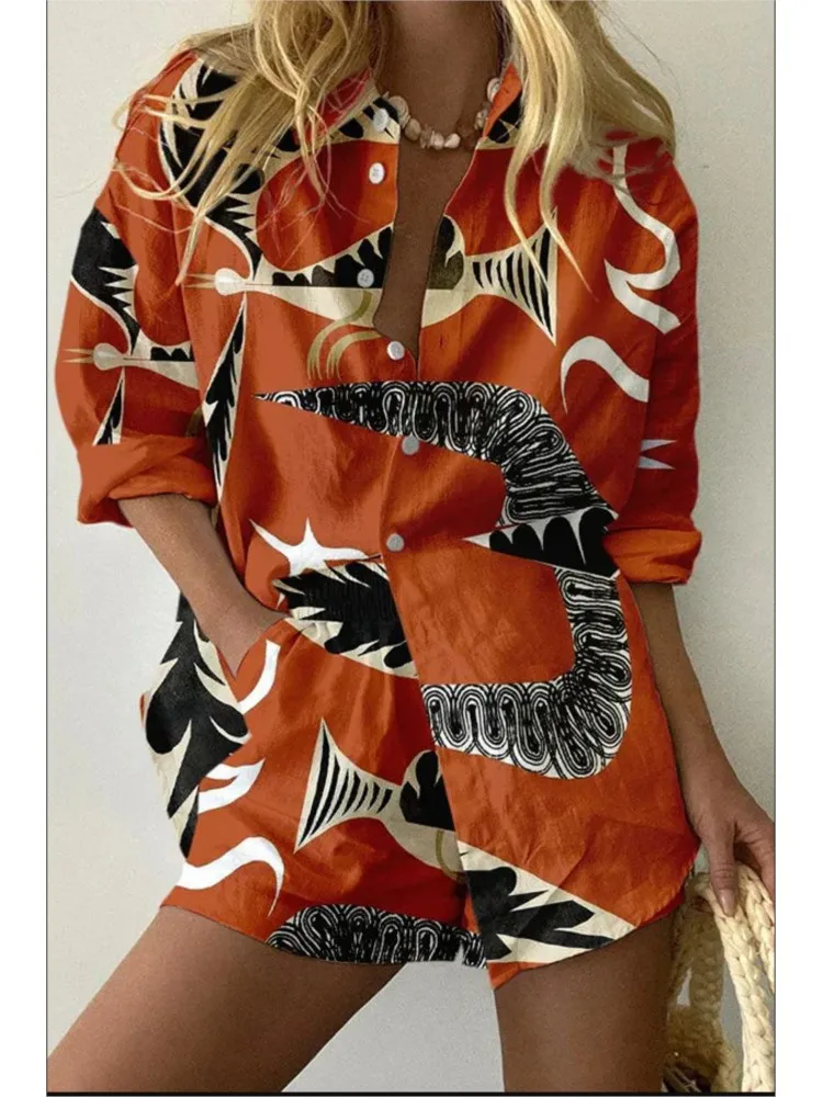 

Casual Boho Print Set Lady Fashion Short Sleeve Button Tops And Shorts Two Piece Sets Women Summer Holiday Beach Womens Clothing