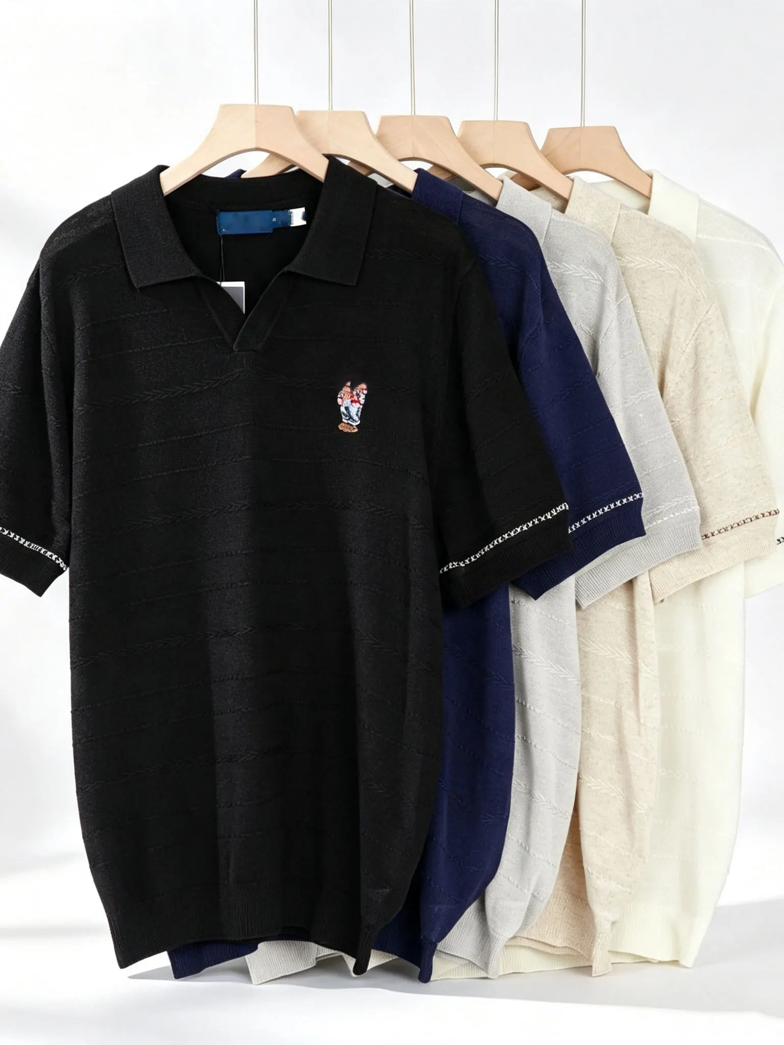 Classic Embroidered V-Neck Short Sleeve Knitted T-Shirt Unisex Basic Style Multiple Colors Available Breathable Skin-Friendly
