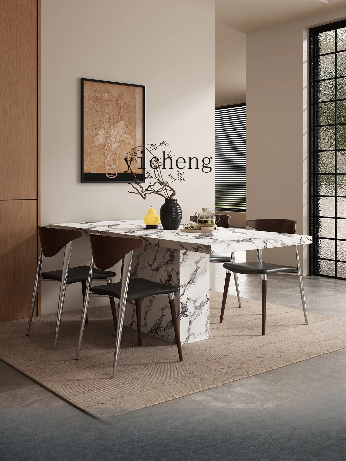 

LSL French Style Dining Table Thickened Full Rock Board Small Apartment Rectangular Dining Table and Chair Set