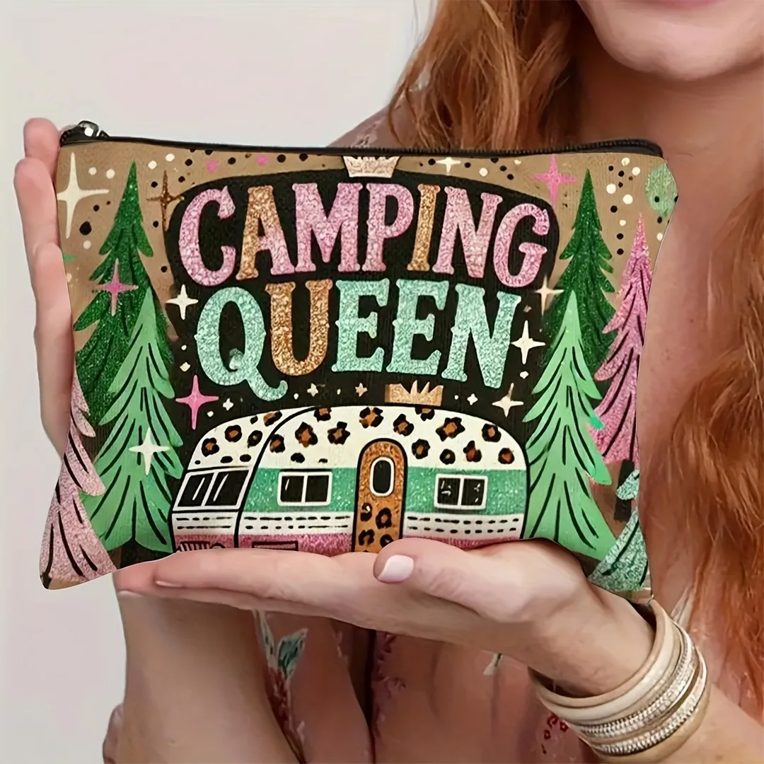 Happy Camper Makeup Bag Vintage Travel Trailer Design Floral Accents Lightweight Polyester Cosmetic Pouch for Travel Camping Use