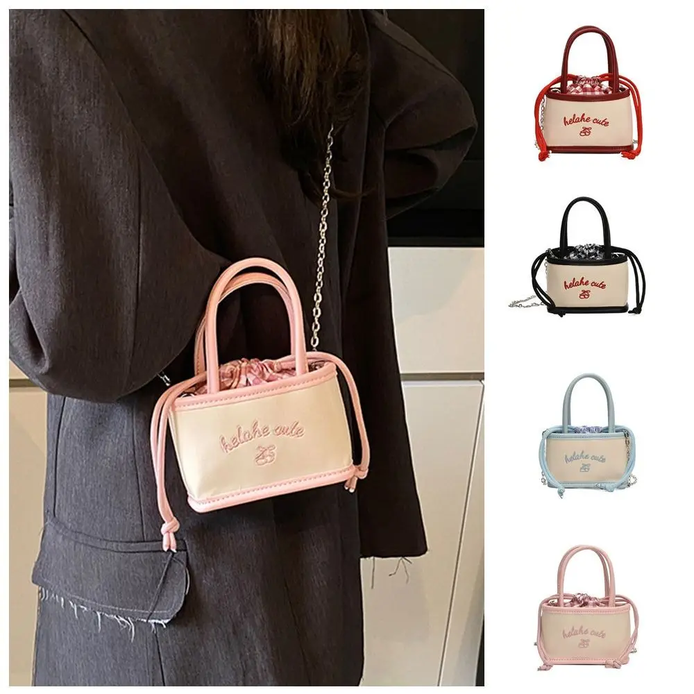 

Sweet Korean Style Drawstring Bucket Bag Embroidery Plaid PU Crossbody Bag Tote Bag Niche Design Children Shoulder Bag Travel