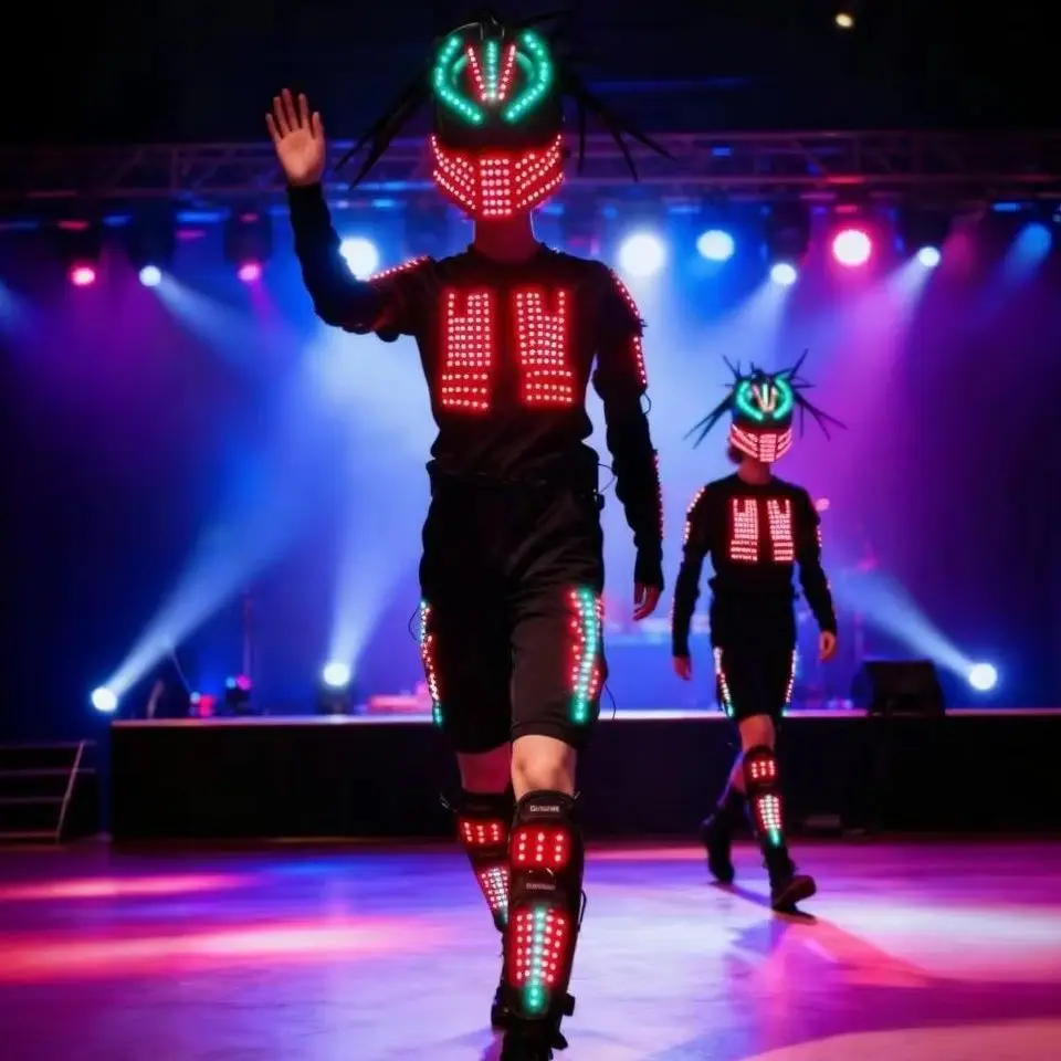 

Светодиодный костюм робота с мигающими огнями, светящаяся броня, световой шлем для мужчин и женщин, аксессуар для сценических выступлений, ночных клубов, баров и танцев