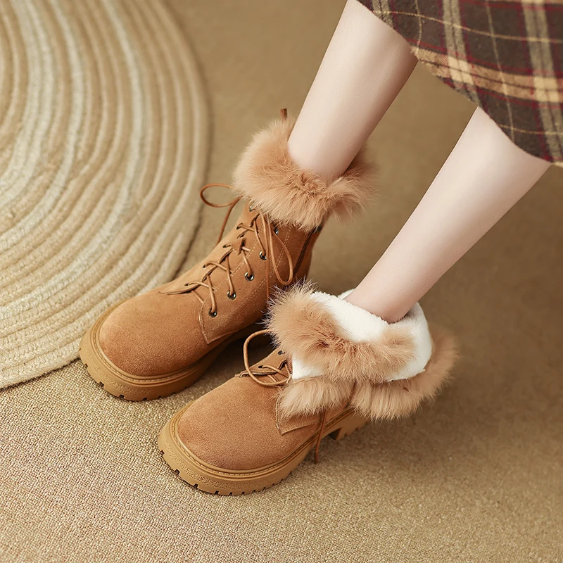 

Women Genuine Leather Ankle Fur Wool Boots Round Toe Flat Zipper Lace-up Ladies Cow Suede Short Boot Autumn Winter Shoes