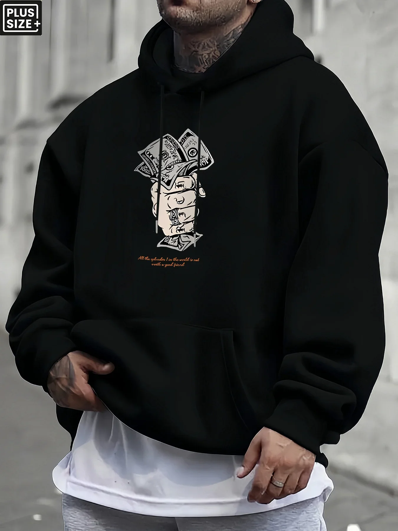 Men Thick Warm Hoodie Vintage Money Grab Fist Dollar Bill Minimal Orange Print Hip Hop Daily Commute Pullover