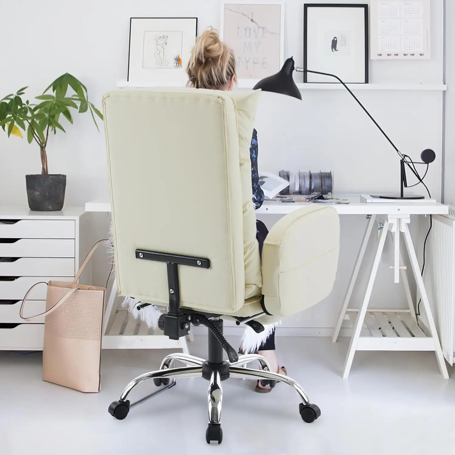 Home Office Chair with Footrest, High-Back PU Leather Computer Desk Chair, Executive Rolling Swivel Chairs (Cream White2)