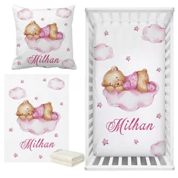 LVYZIHO Sleeping Bear Custom Name Crib Bedding Set, Moon, Cloud and Stars Baby Shower, Personalized Baby Hat For Girl