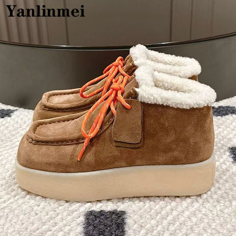 Thick Sole Casual Shoes Women Round Toe Lace Up Flat Shoes Female Wool Warm Winter Shoes Cow Suede Comfort Short Boots Woman