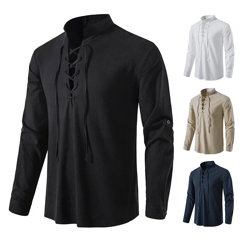 European Size Cotton and Linen Henry Shirt Long Sleeved Hippie Casual Beach Stand Up Collar Shirt for Men