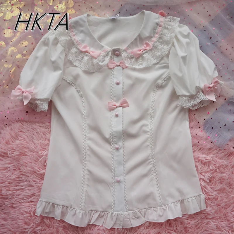 

Lolita Sweet and Cute Lace Stitching Versatile Inner Shirts Tops Women Student Doll Collar Bow Short Sleeves Slim White Blouses