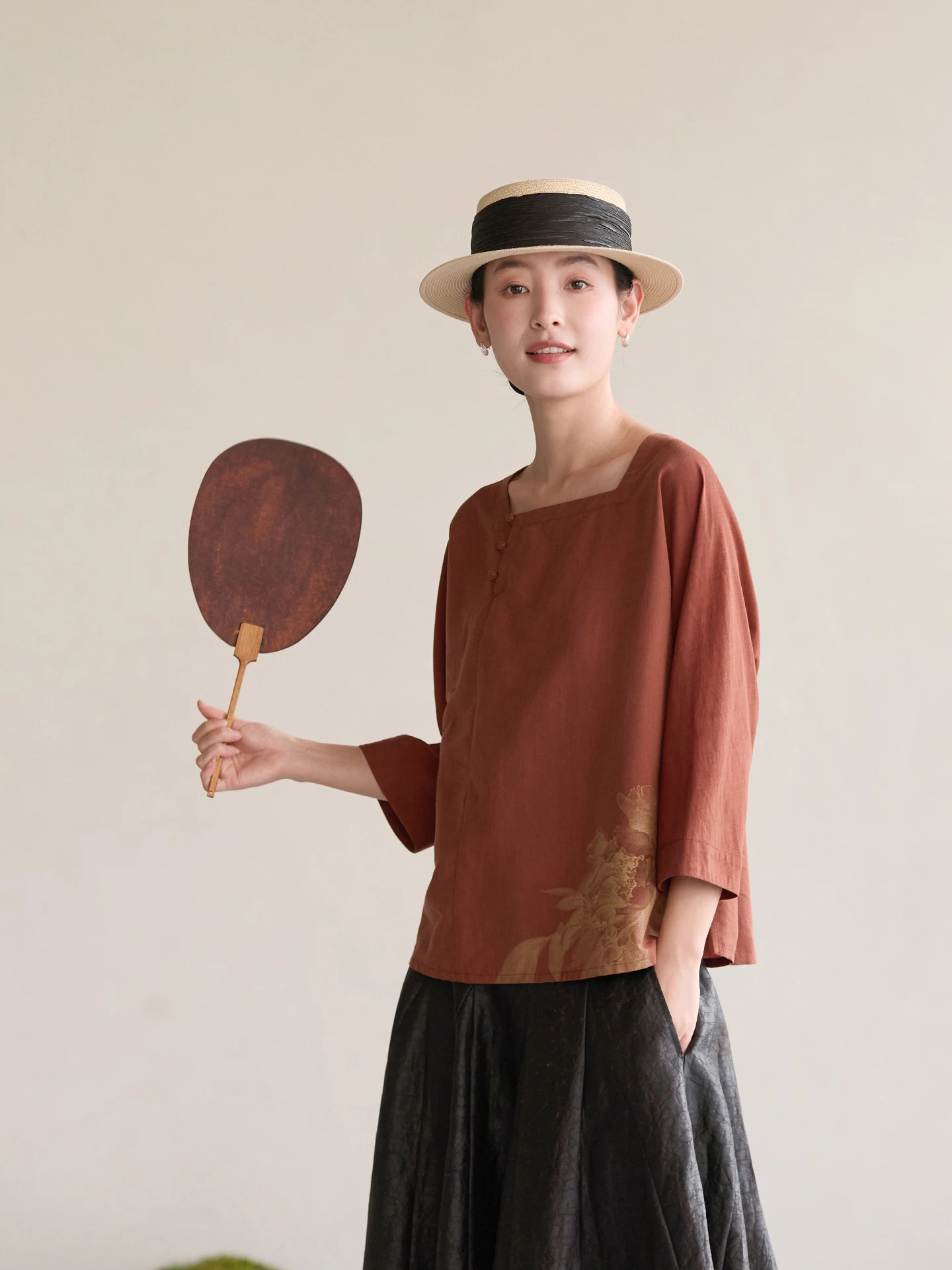 

Summer Original Silk Cotton Blend Printed Square Collar Seven Sve Women's Top Ele Faionable Chinese Sle Clothing