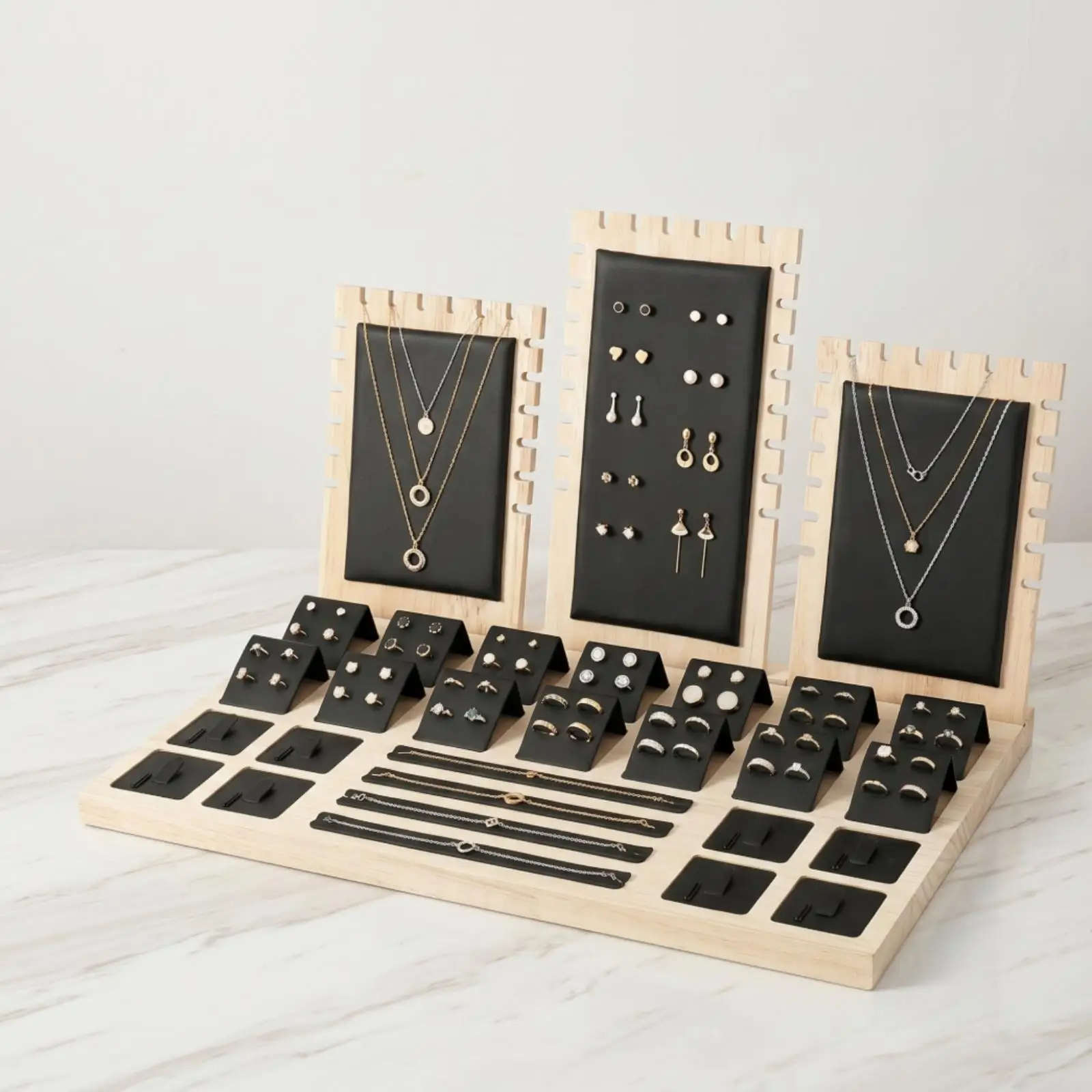 Suede Jewelry Organizer Stand Wooden Showcase for Retail Ring Earring Necklace Countertop Display
